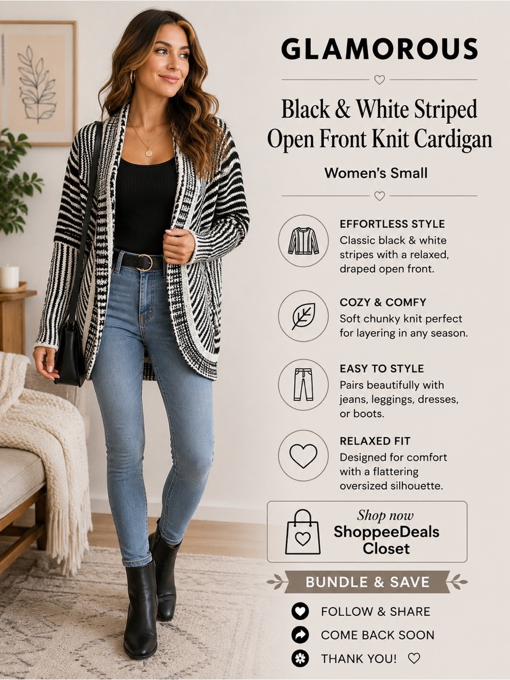 Glamorous Black & White Striped Open Front Knit Cardigan – Women’s Small